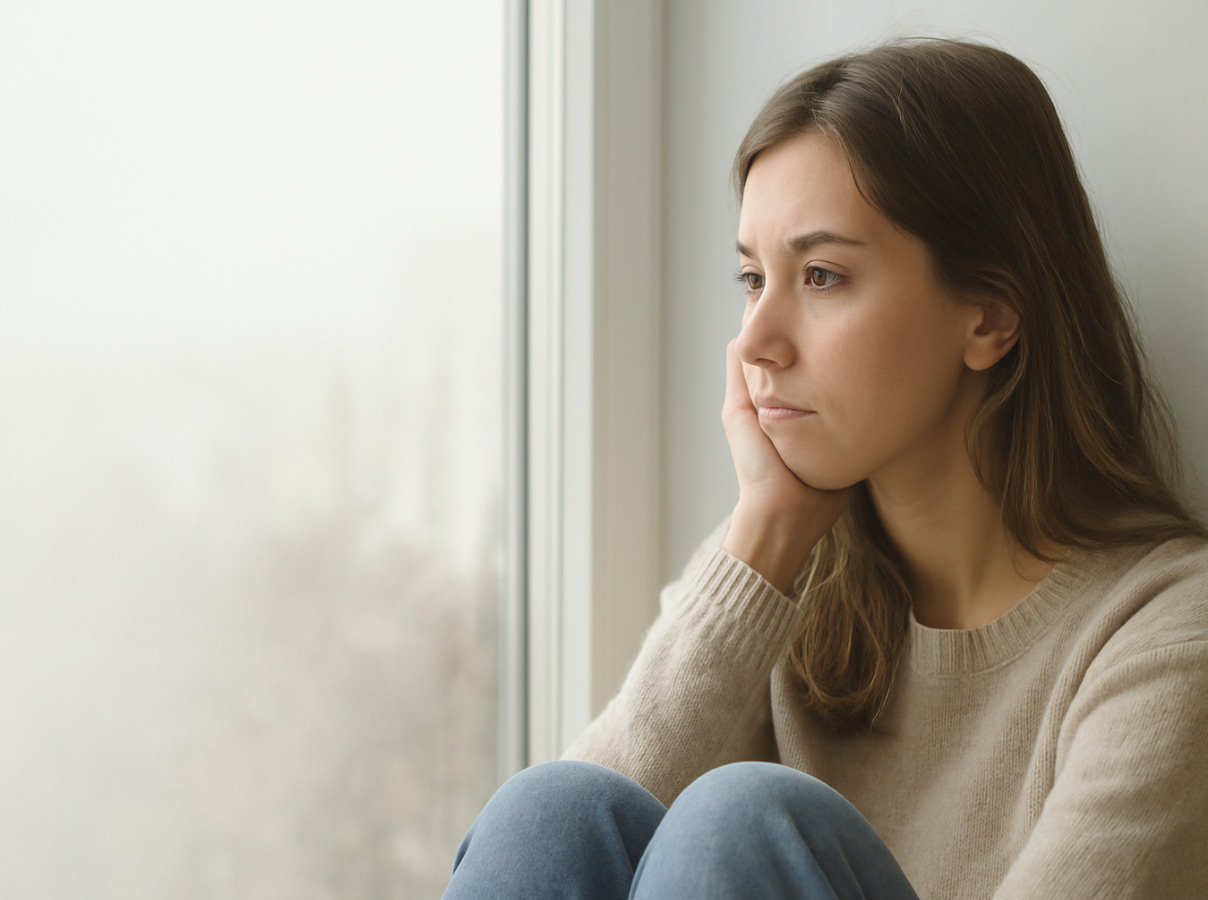 Mujer pensativa frente a una ventana, representando un momento de introspección emocional